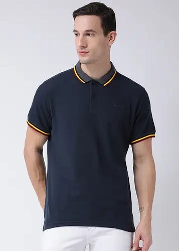 Men Colourblocked Collar & Sleeve Trim Striped T-Shirt