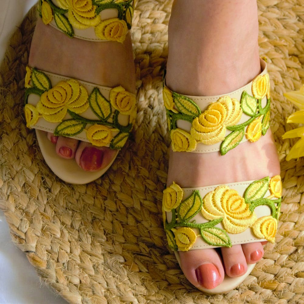 Women Floral Hand Embroidered Yellow Block Heels