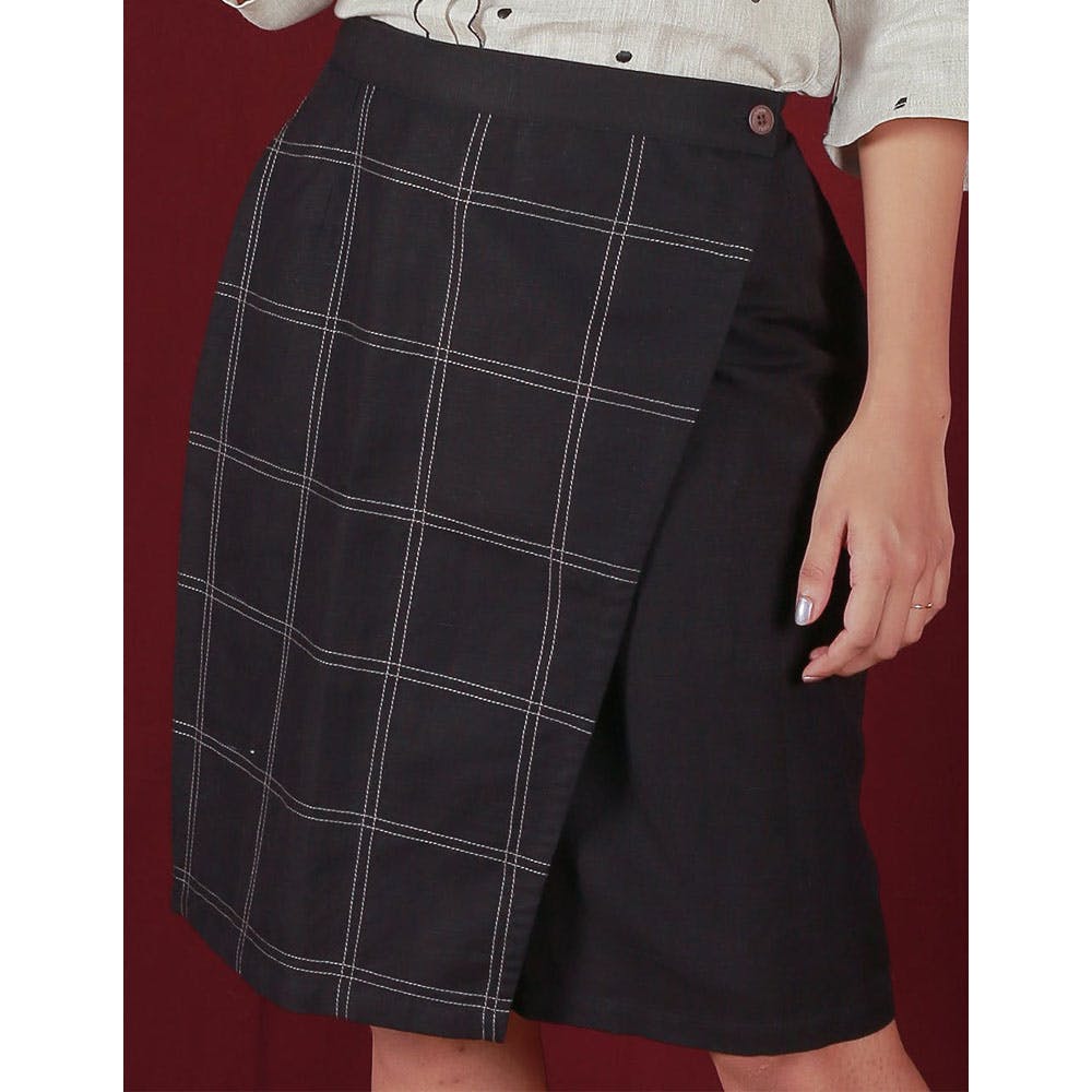 Checkered Panel Detail Black Wrap Skirt