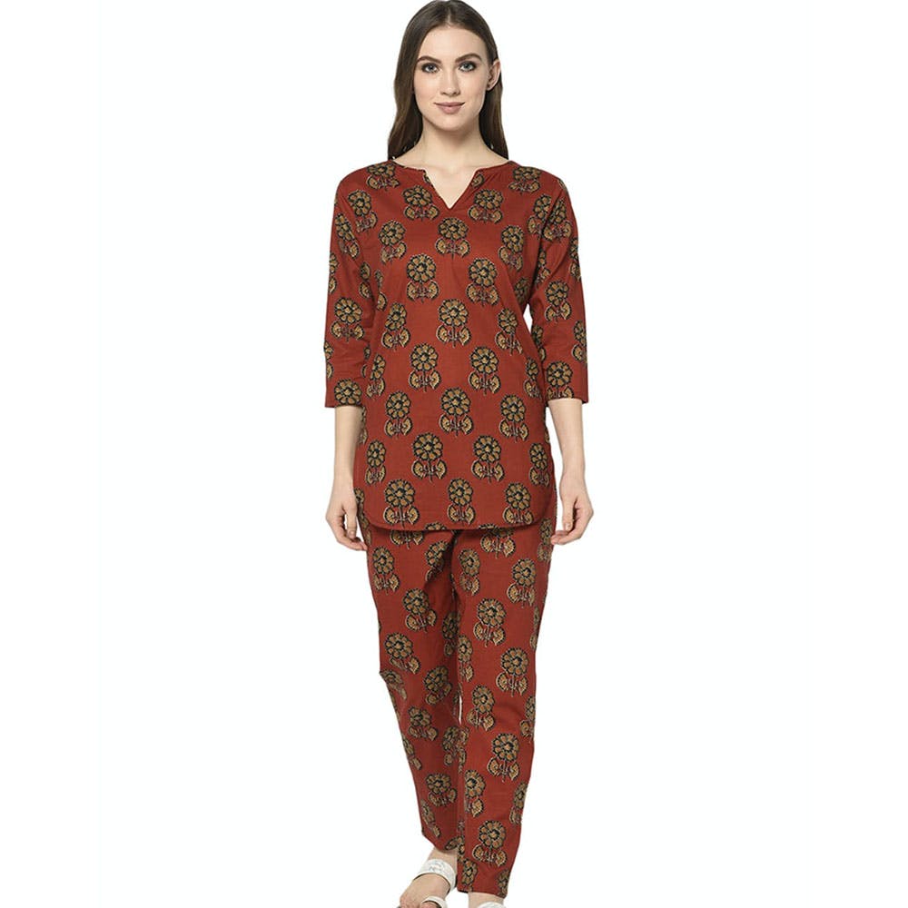 Women Floral Motif Printed Red Co-Ords Set