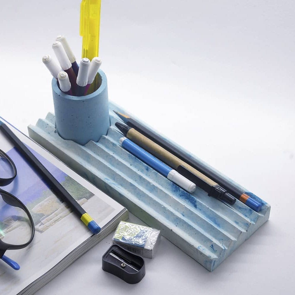 Concrete Desk Organiser (White & Turquoise)