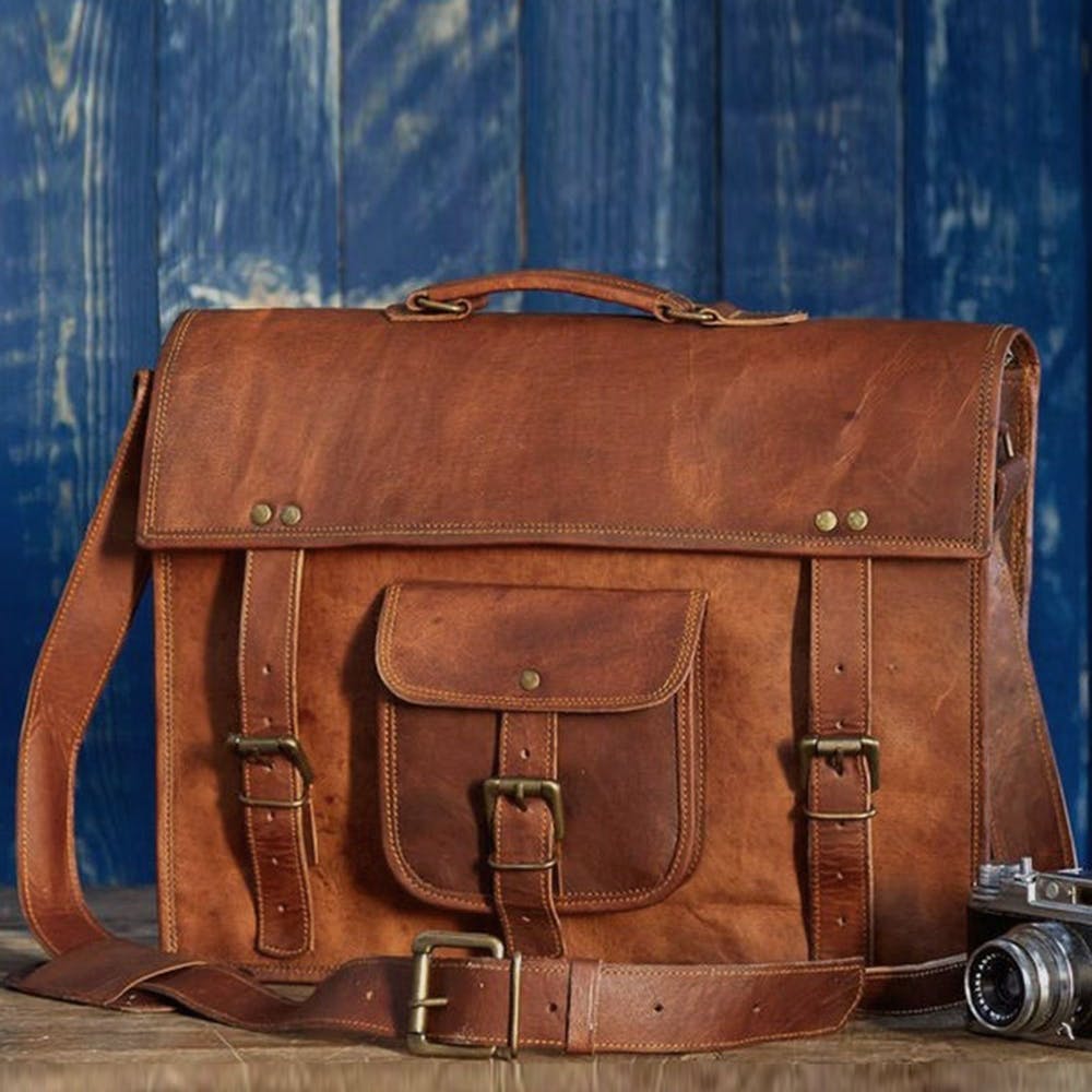 Front Pocket Detail Brown Leather Laptop Bag