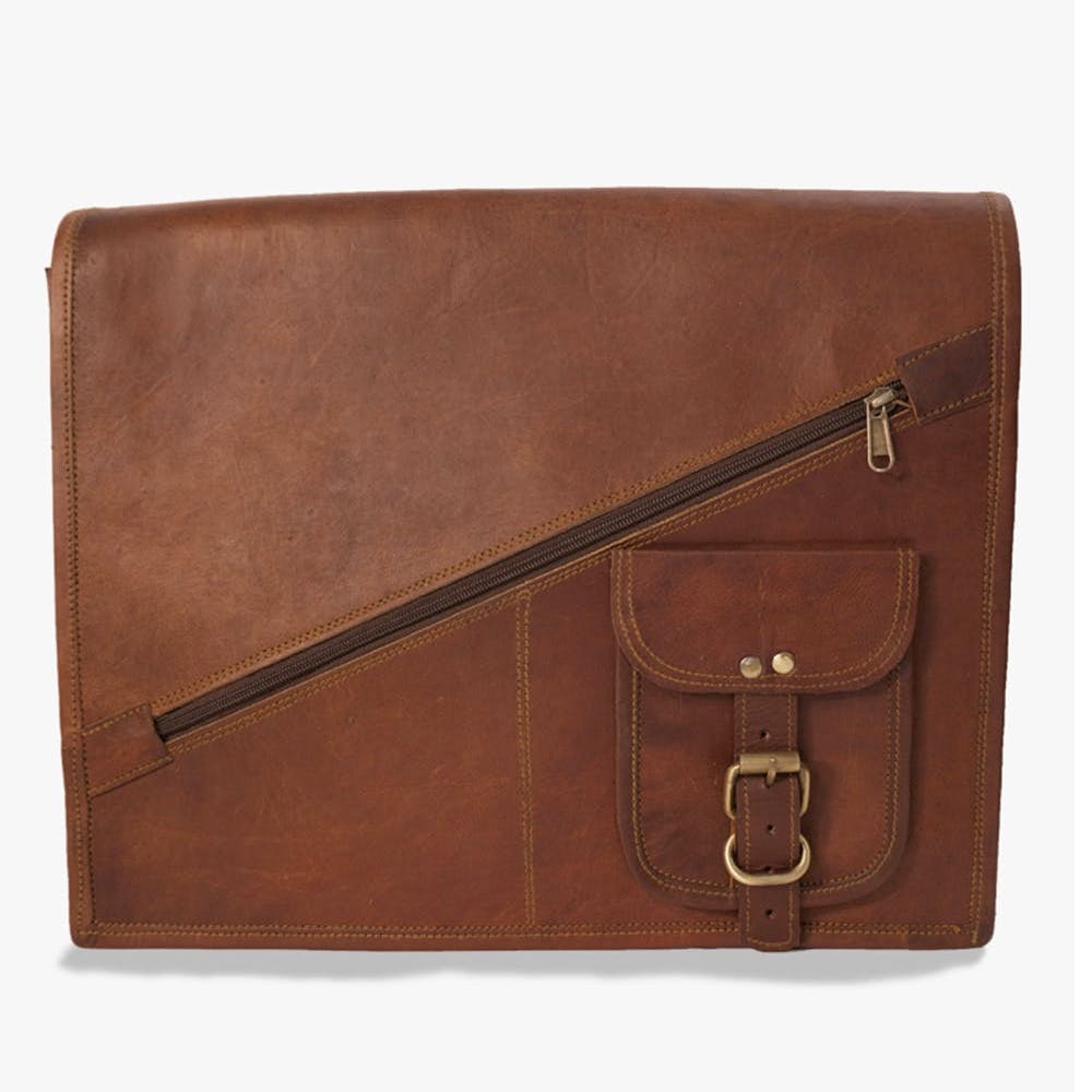 Diagonal Zip Detail Solid Leather Laptop Bag