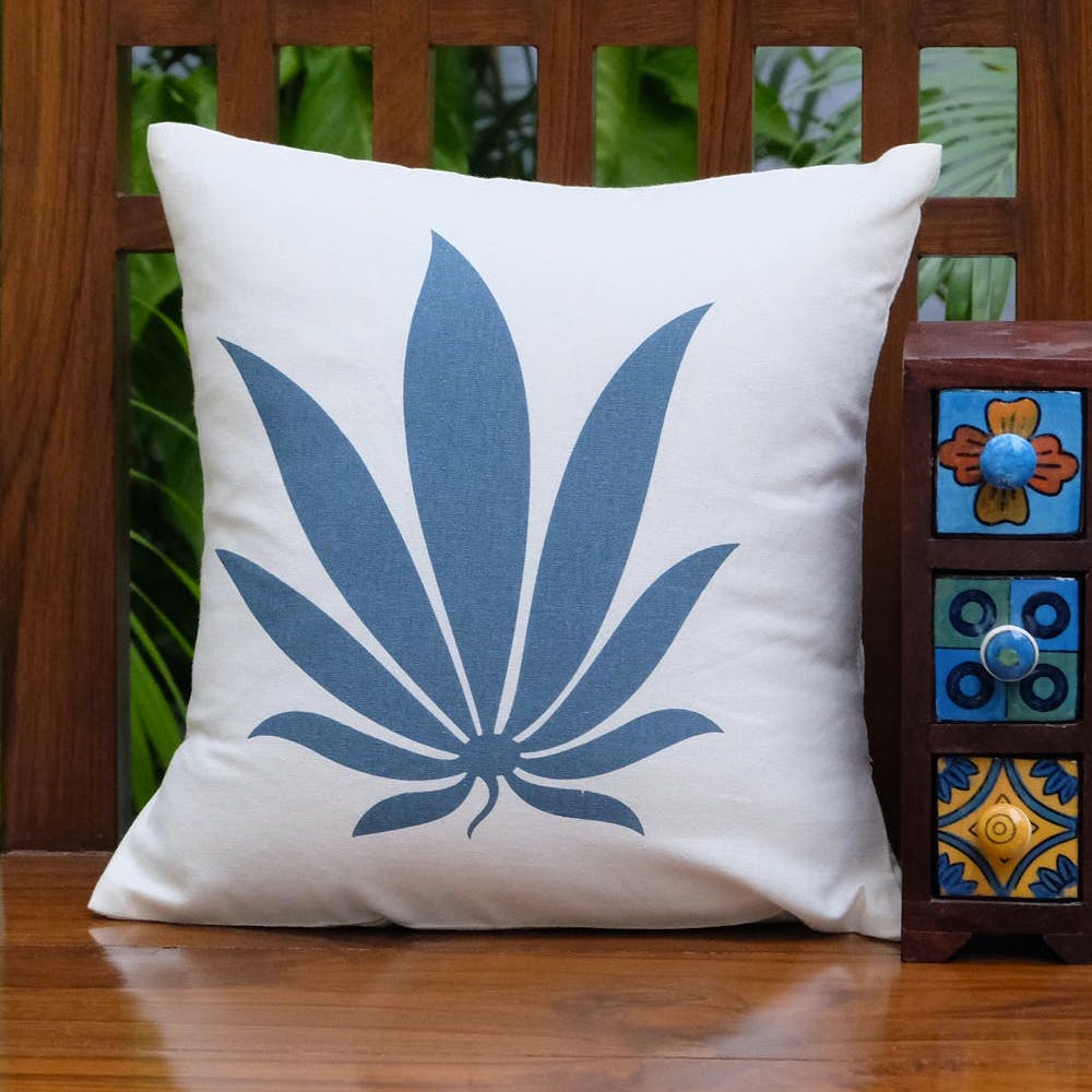 Blue Tropical Leaf Printed Cotton Cushion Cover