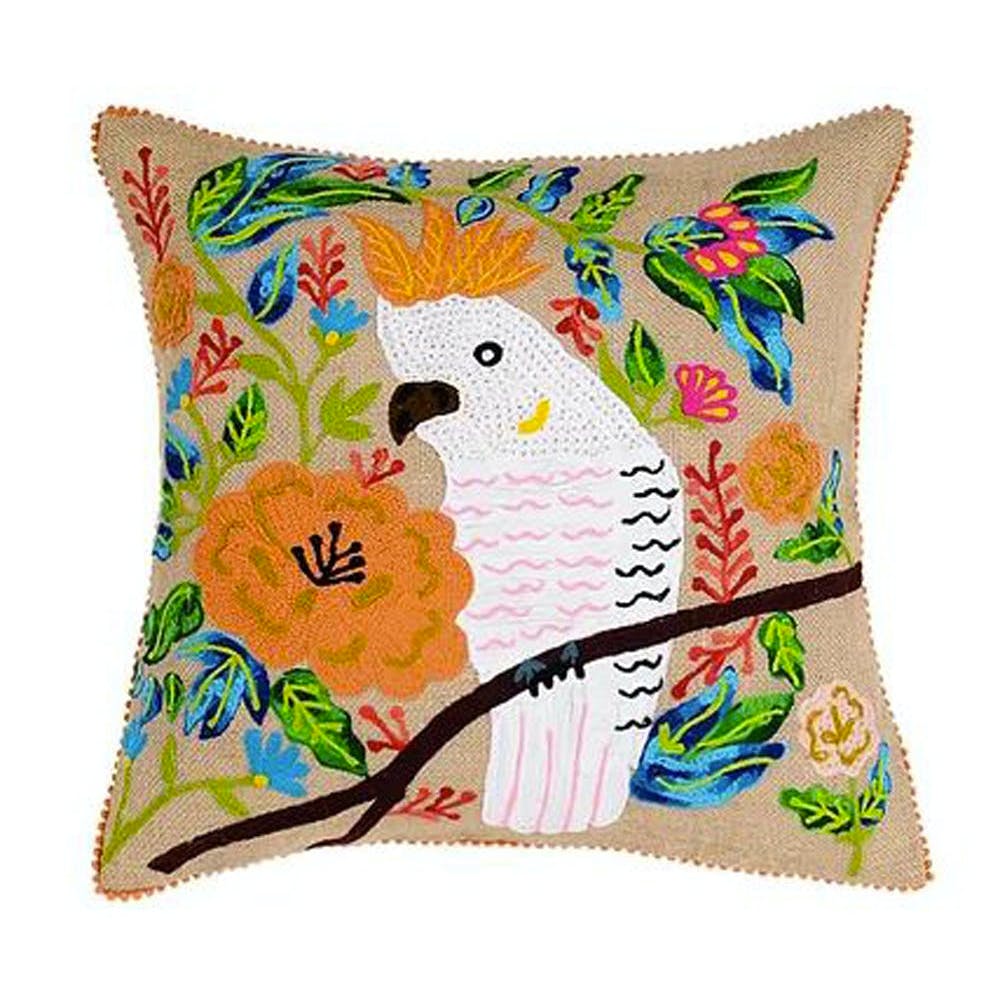 Parrot Beige Hand Crewel-Embroidered Cotton Cushion Cover