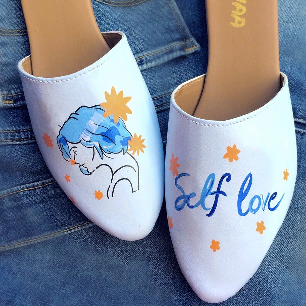 Women Handpainted Self Love Blue Mules