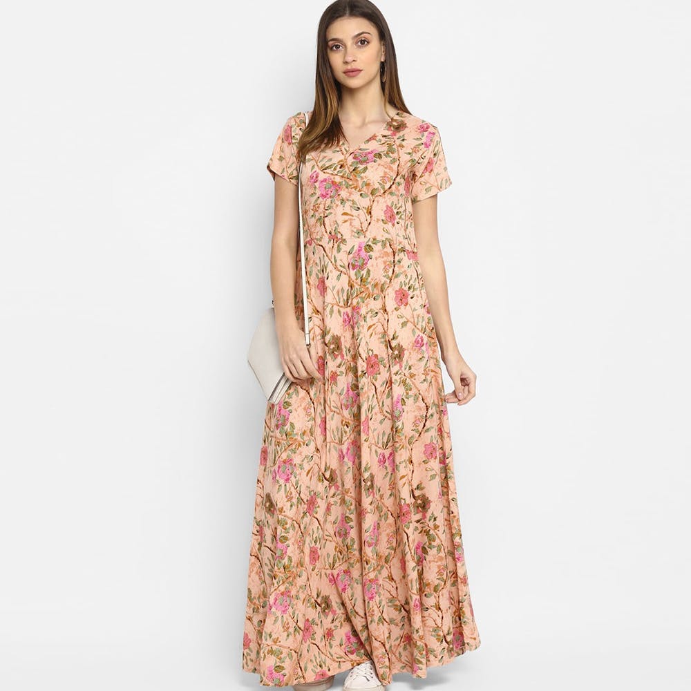 Women Floral Printed Peach V-Neck Maxi Dress