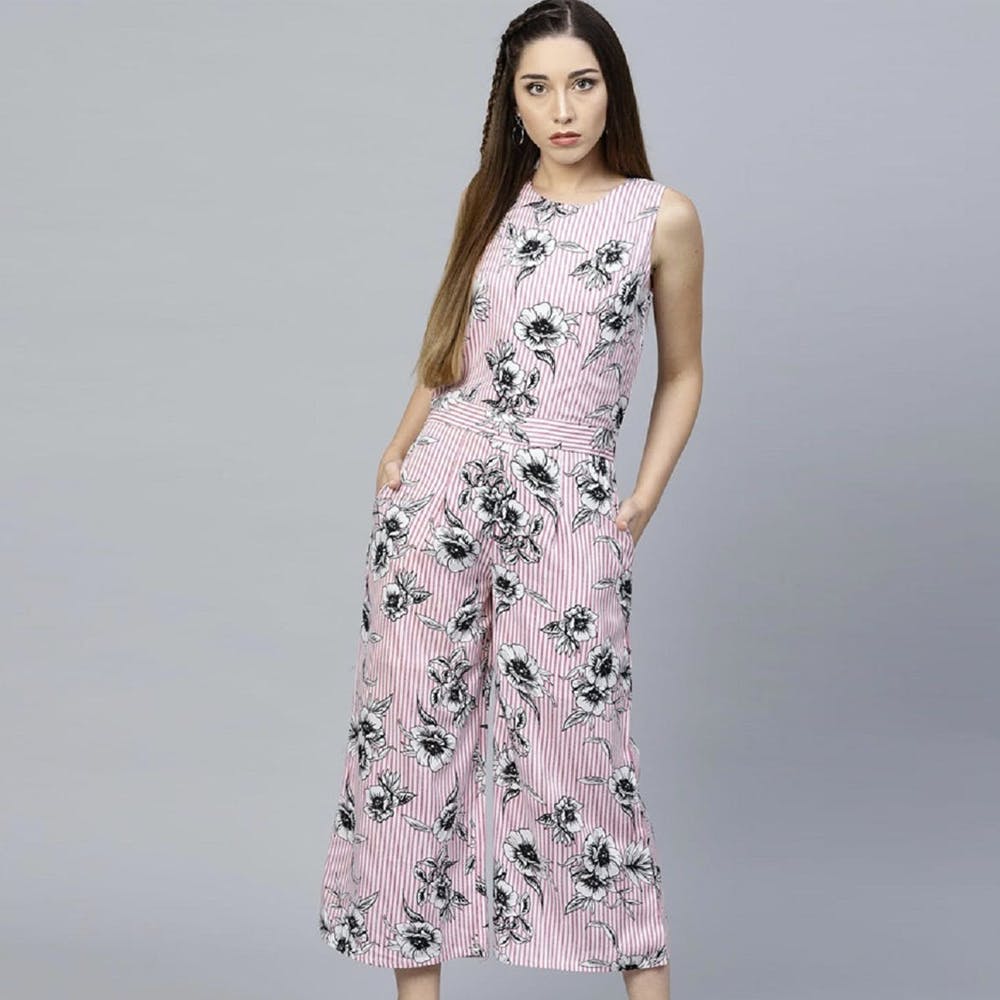 Women Floral Printed & Self Striped Sleeveless Jumpsuit