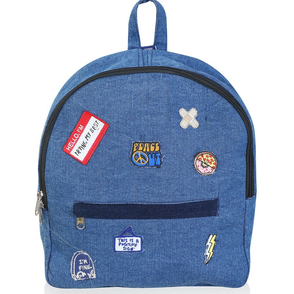 Quirky Embroidery Patches Blue Denim Backpack