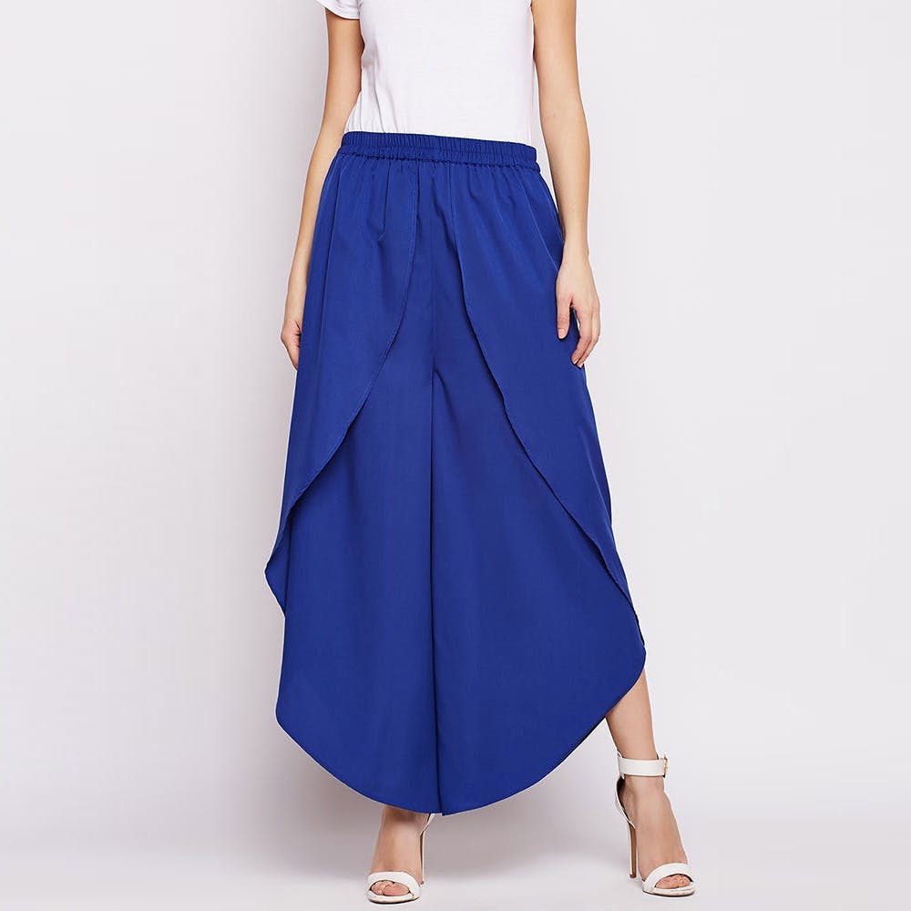 Women Overlay Layered Solid Blue Wide Legged Pants