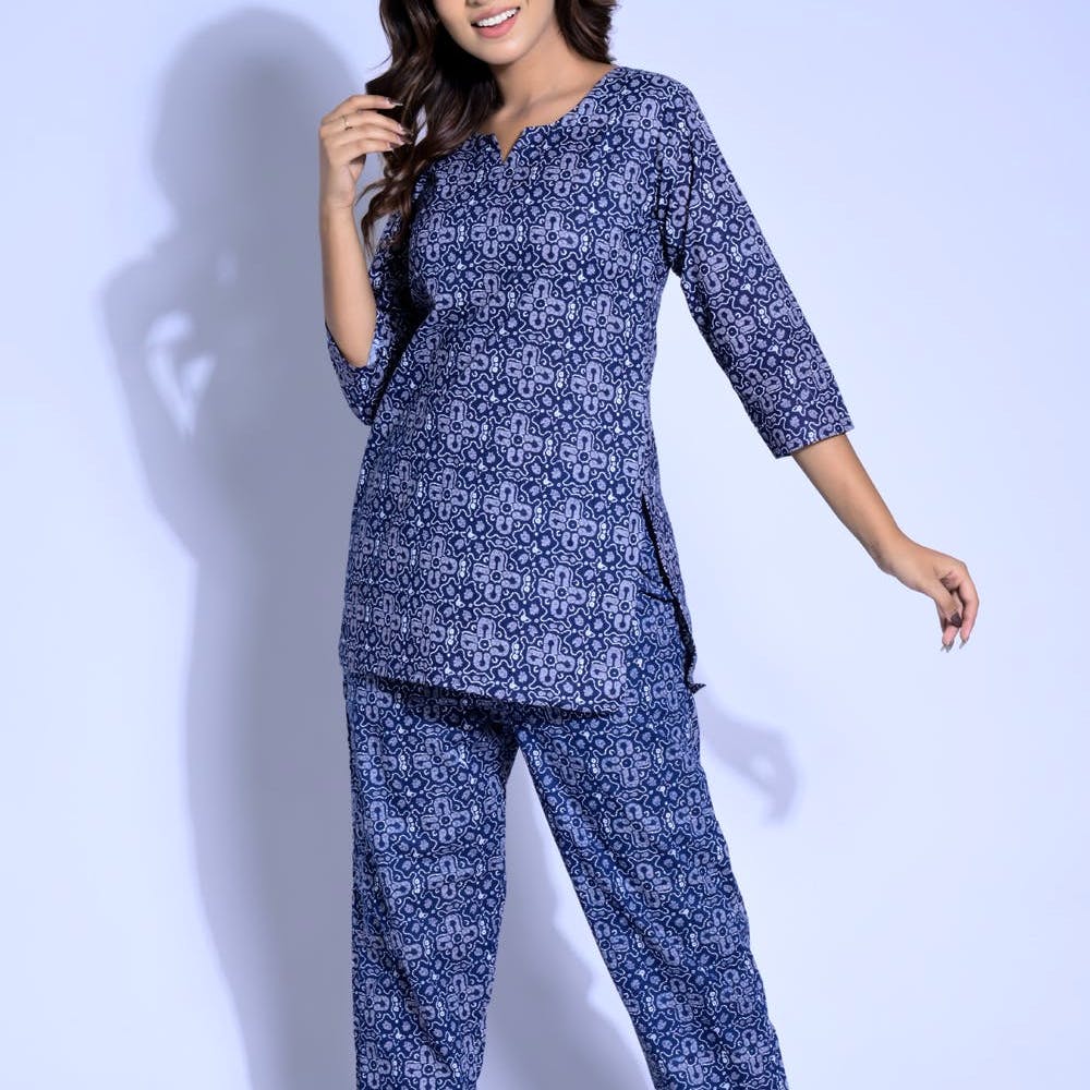 Women Ethnic Printed Navy Cotton Co-Ords
