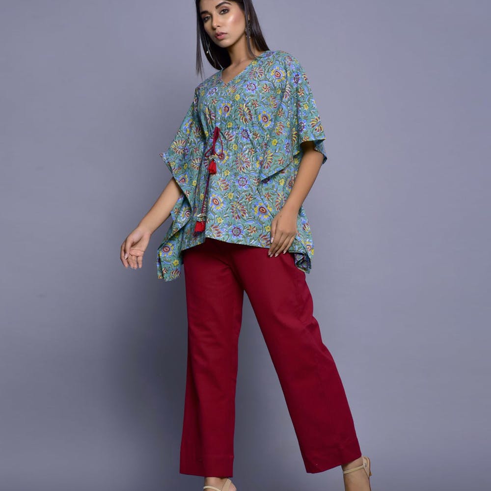 Women Floral Printed Green Kaftan Tunic With Red Pants Co-Ords
