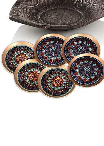 Set of 6 Turquoise Pattern Metal Coasters