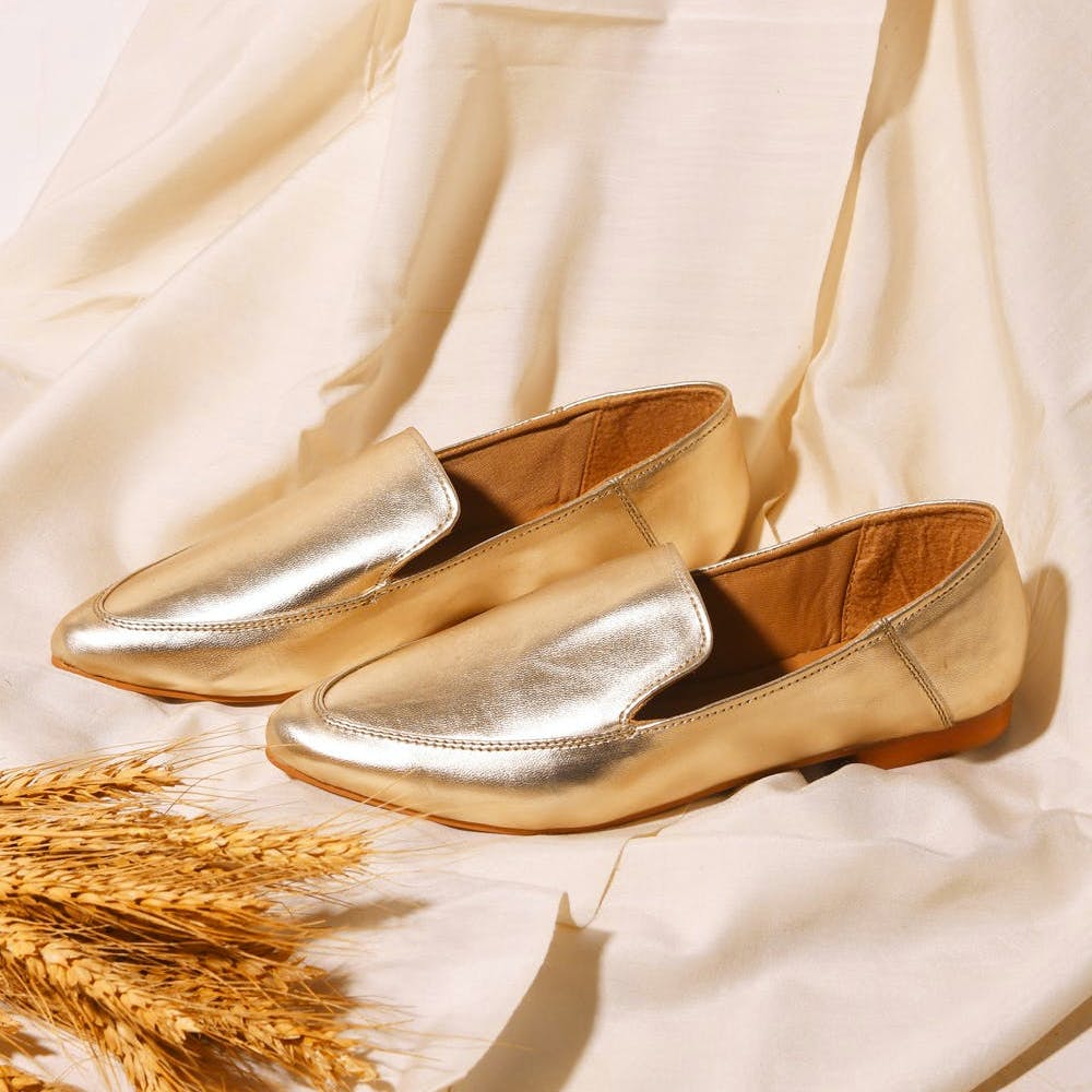 Women Solid Golden Vegan Leather Loafers