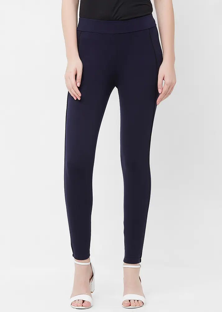 Women Solid Navy Cotton Blend Jeggings