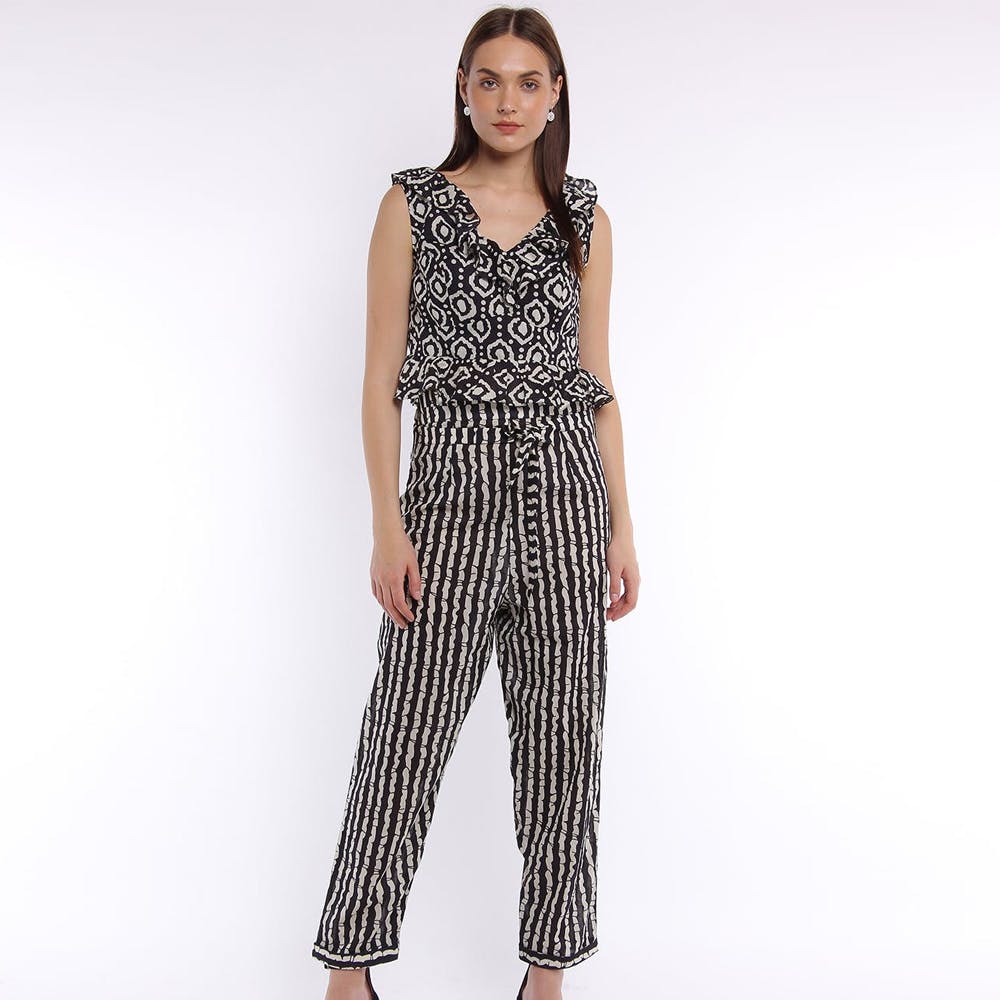 Women Ruffled Neck & Hem Detail Abstract Printed Top and Pant Set