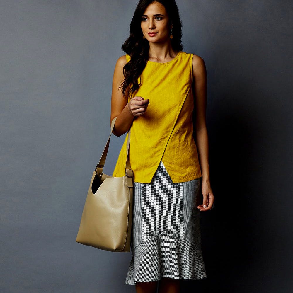 Women Yellow Overlap Sleeveless Top With Grey Peplum Skirt Set