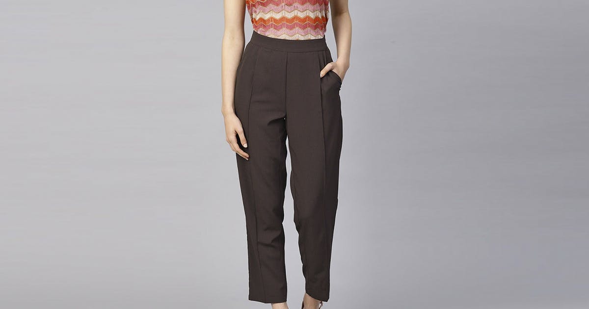 Women Front Pleat Detail Elasticated Waist Brown Trousers