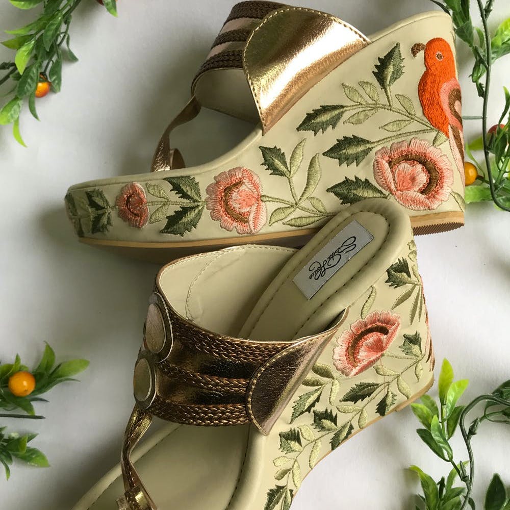 Bird & Floral Embroidered Patch Rose Gold Wedges