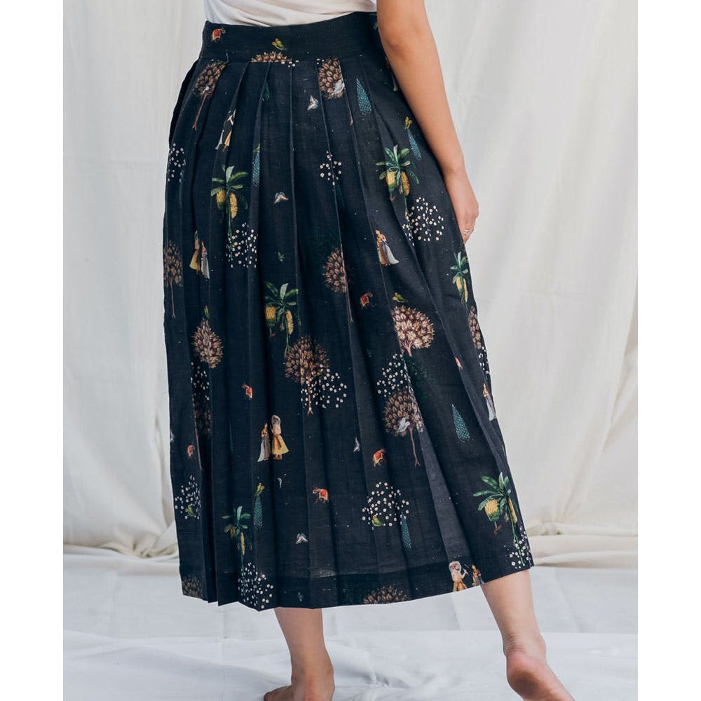Multi Floral Printed Box Pleated Navy Skirt