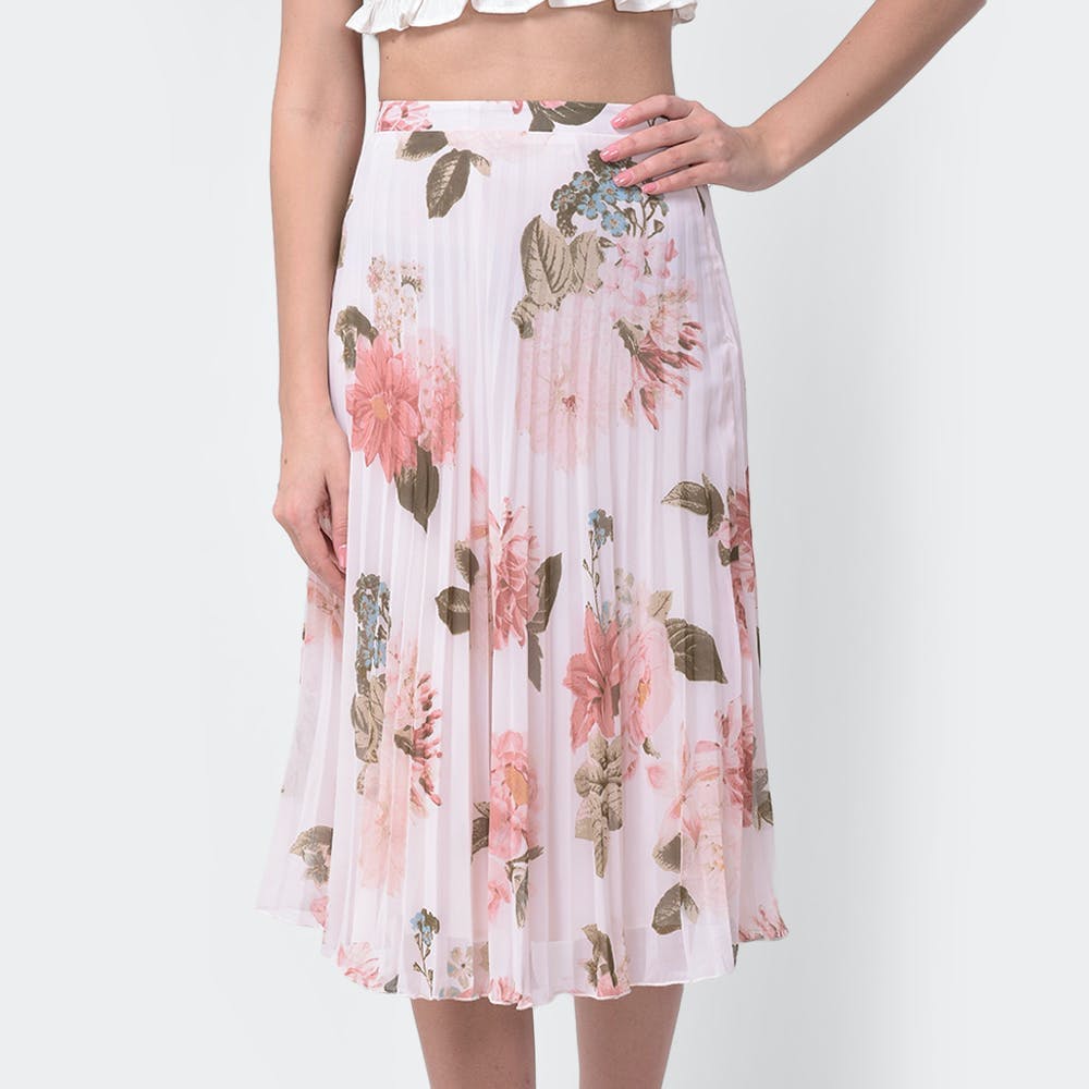Floral Printed Pink Pleated A-Line Skirt