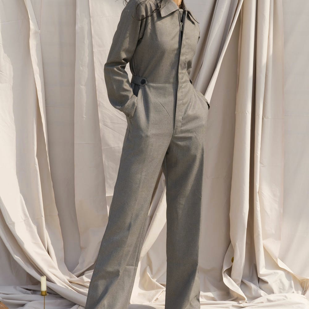 Women Side Tie & Concealed Zip Detail Grey Boiler Suit