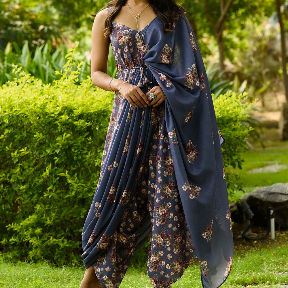 Paulmi and Harsh - Blue Geometric Print Palazzo Saree - Lilly's Boutique  London
