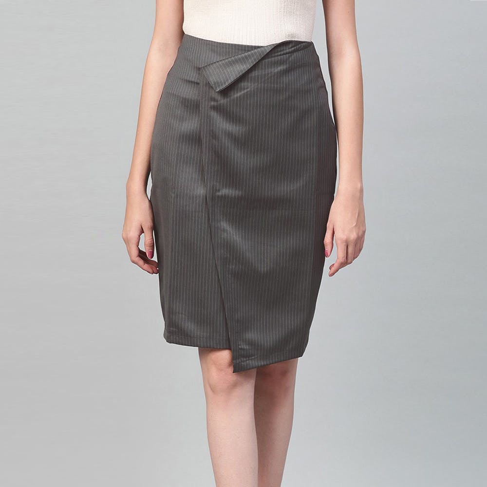 Grey Asymmetric Hem Front Lapel Skirt