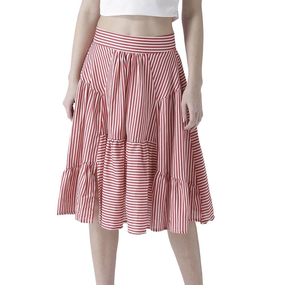 Red Multidirectional Striped Pleated Skirt