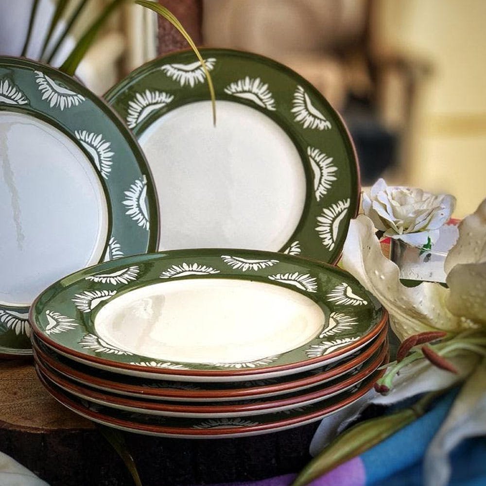 Set of 4 - Olive Green & Ivory Ceramic Plates