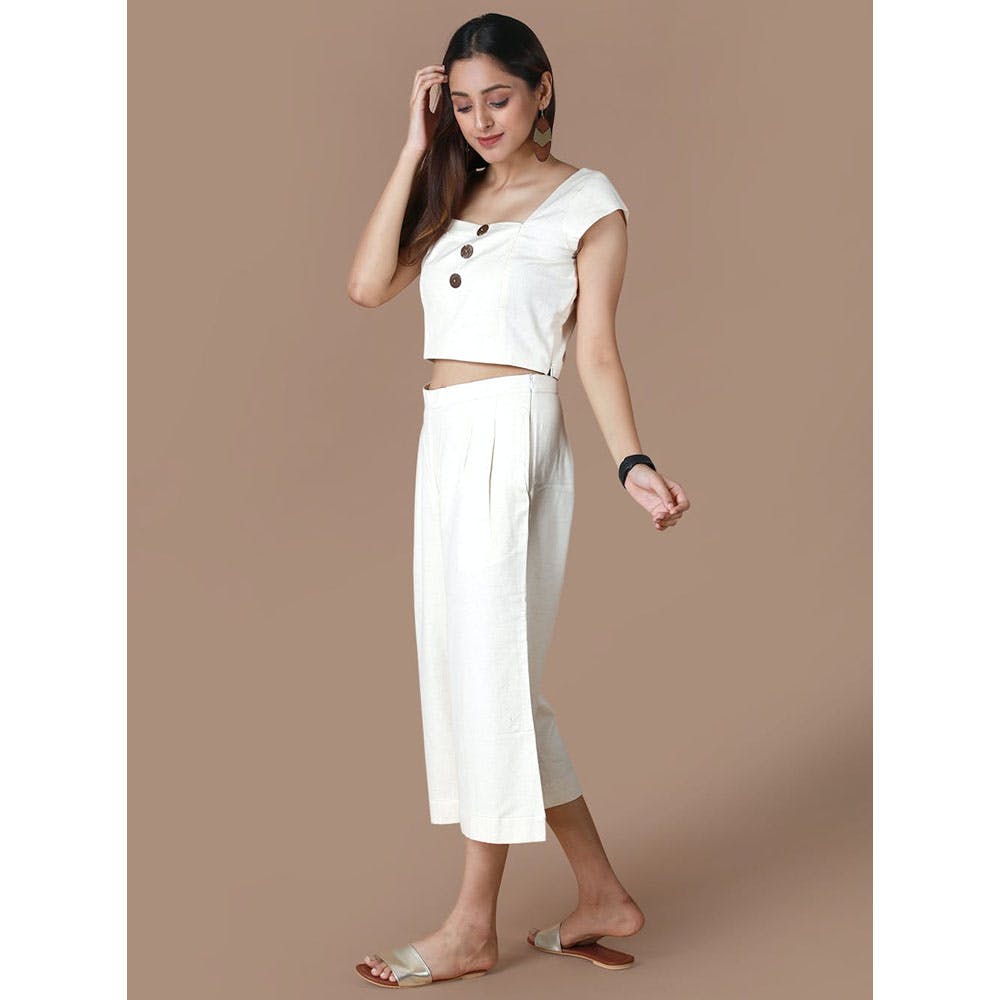 Women Cotton Flax Wide Leg Pants with Crop Top Set