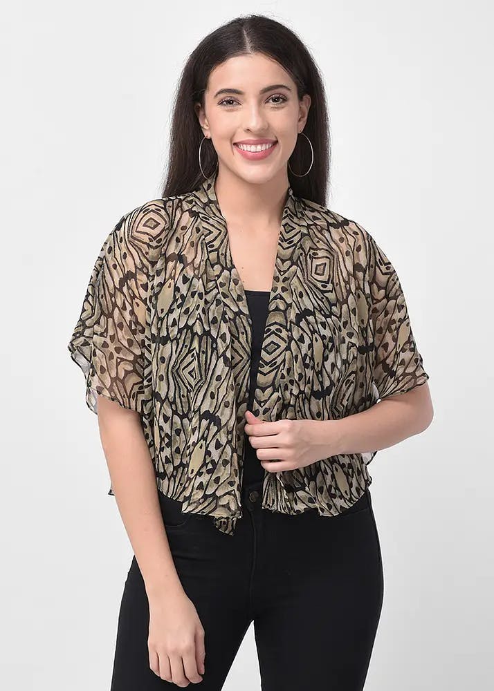 Women Abstract Printed Olive Green Shrug