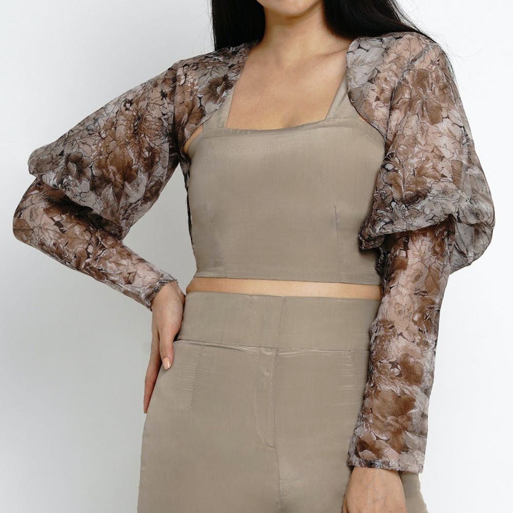 Beige Brown Floral Lurex Chiffon Shrug