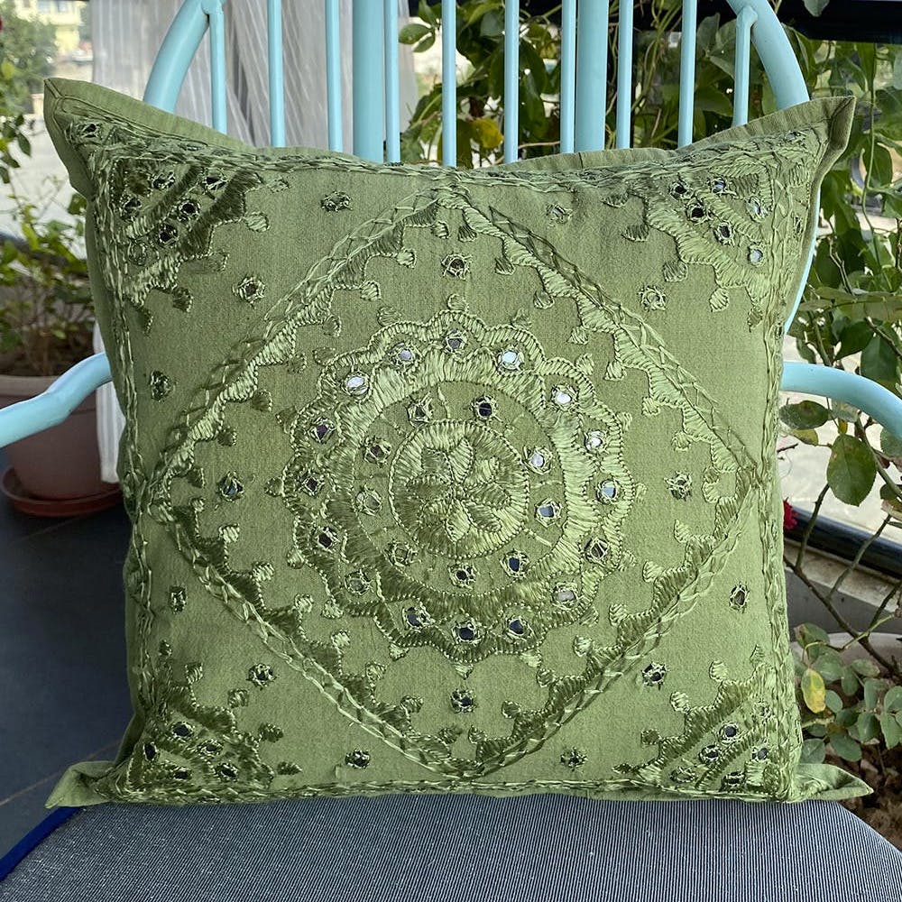 Mirror Work Embroidered Cushion Cover