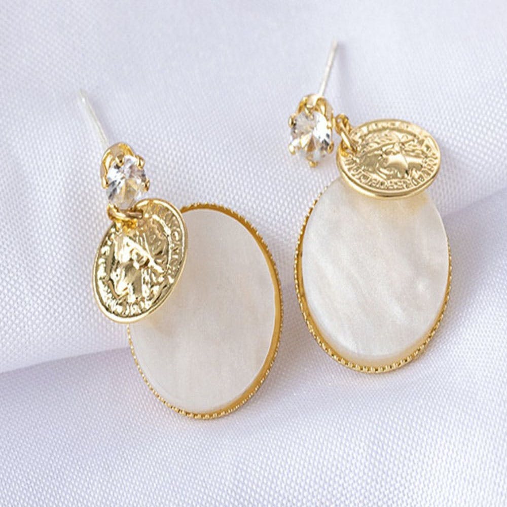 Gold Coin Charm Engraved Oval Drop Earrings