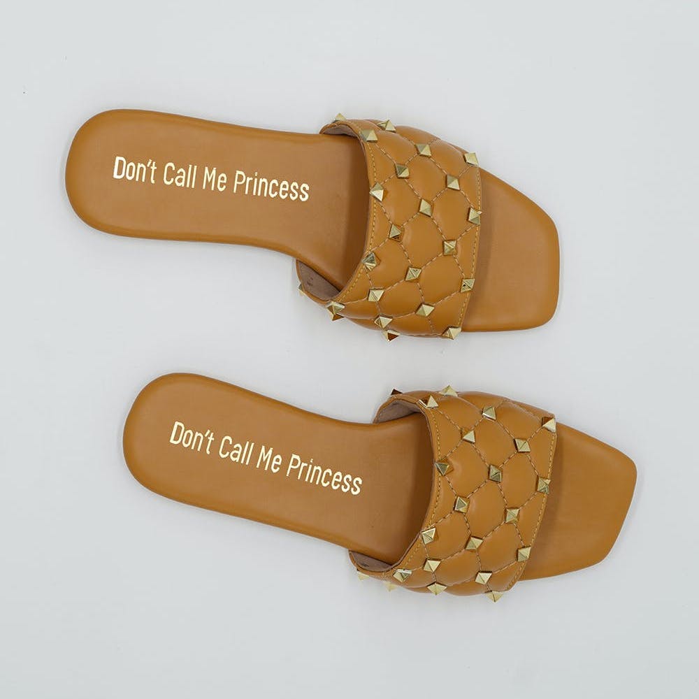 Women Quilted & Studded Flap Solid Slides