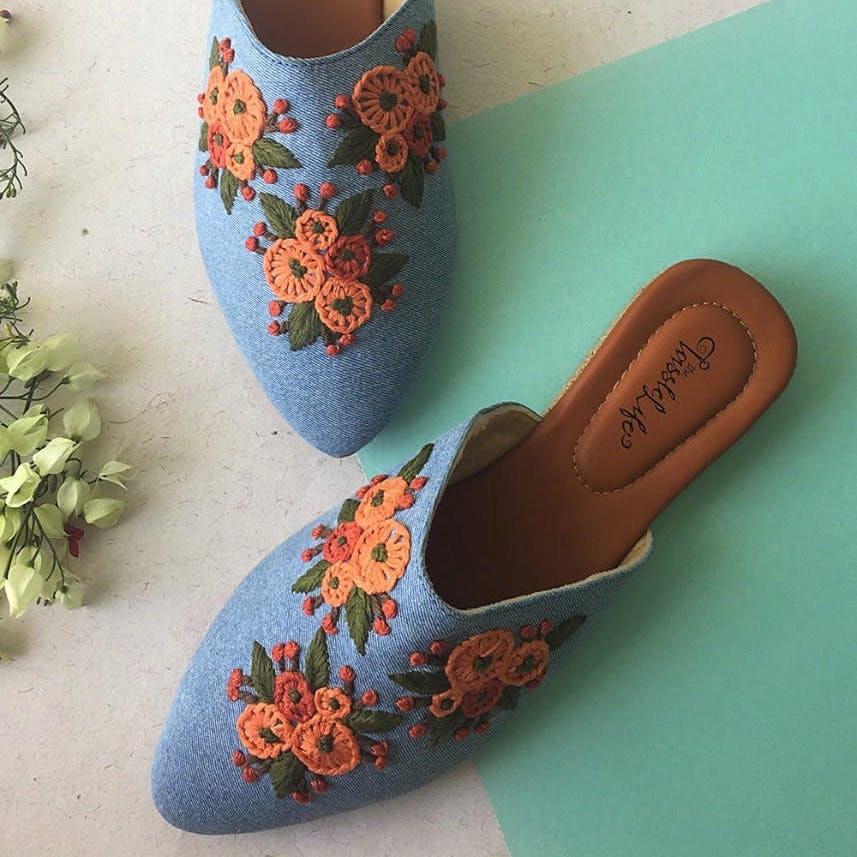 Women Hand Embroidered Floral Denim Vegan Mules