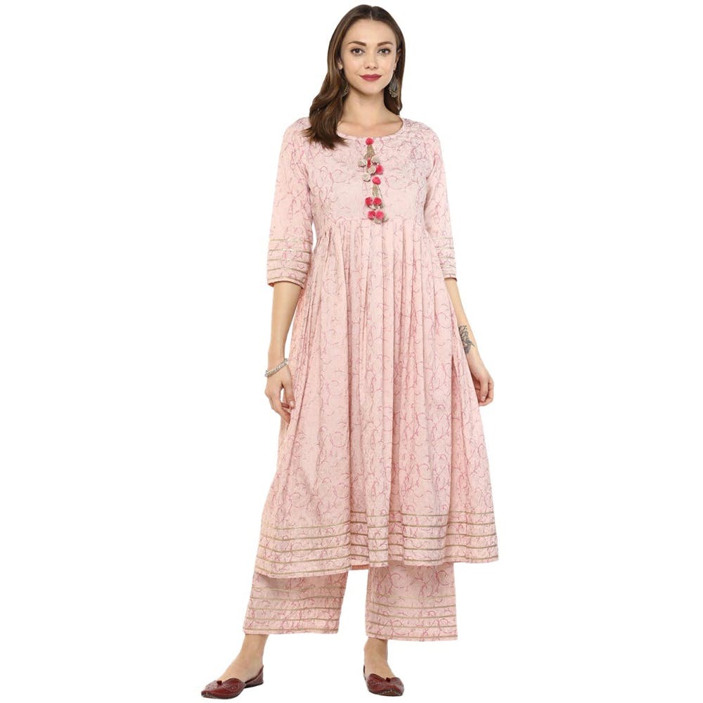 Women Printed Pale Pink Flare Tunic & Bottoms Co-ord Set