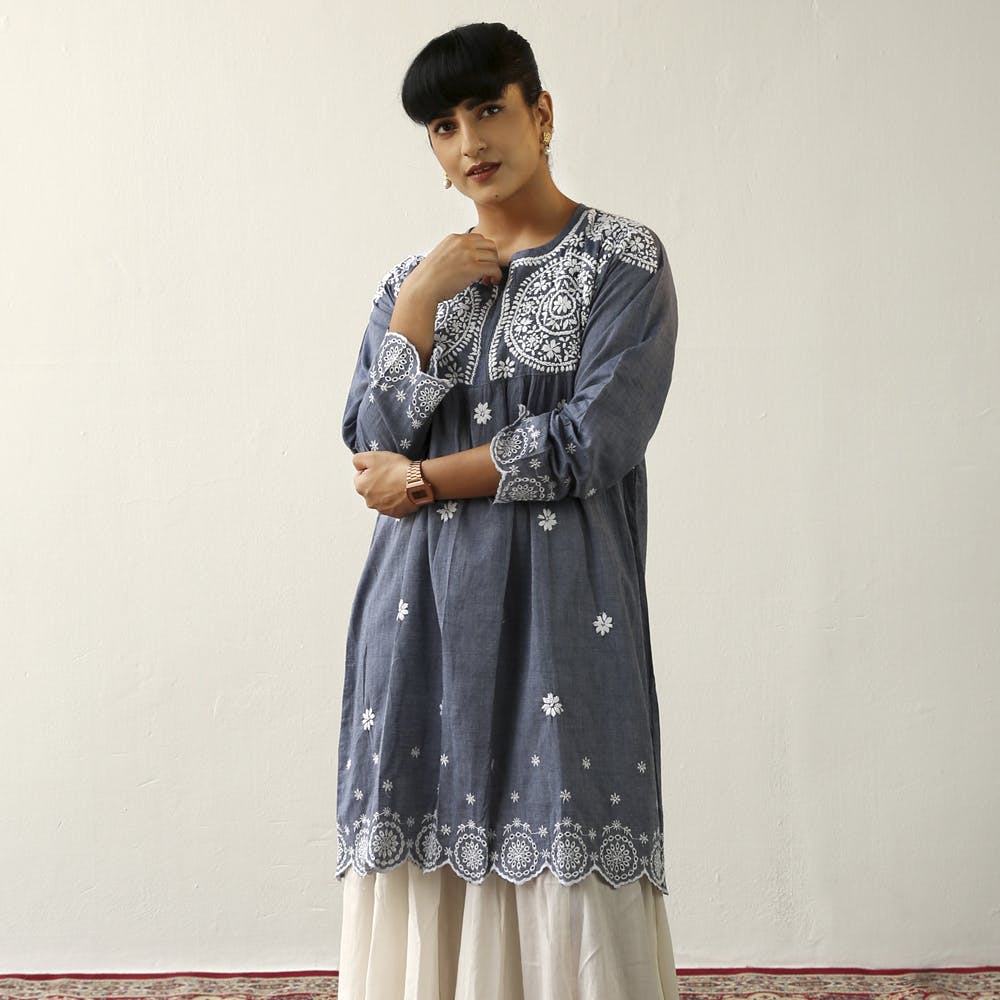 Women Contrast Embroidered Blue Keyhole Neck Tunic