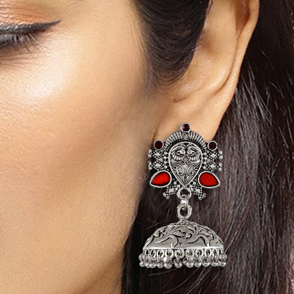 Stone Detail Silver Floral Jhumkas