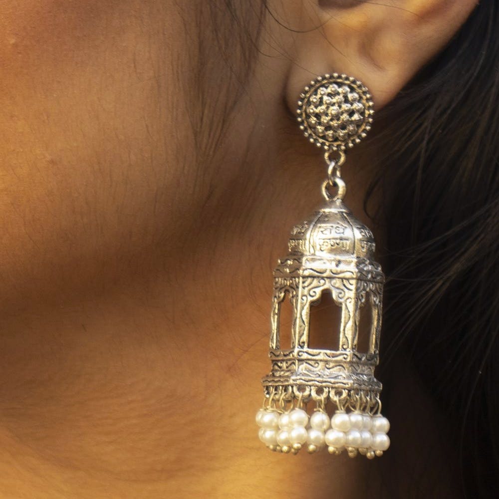 Oxidized Silver Temple Earrings