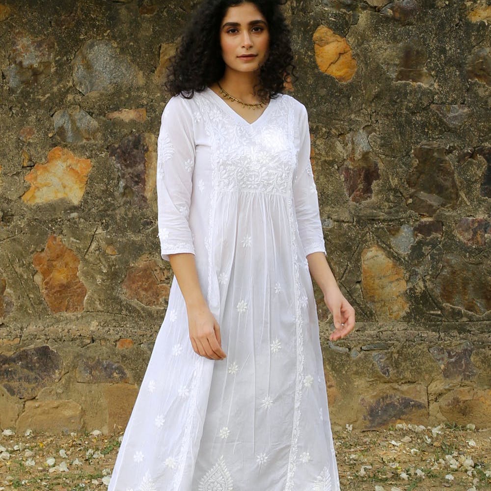 Women Embroidered White V-Neck A-Line Dress