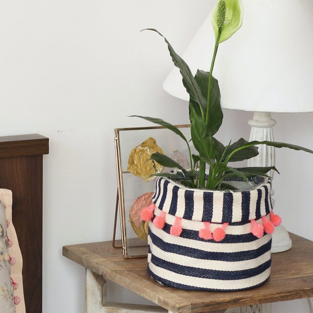 Striped Planter with Neon Pompoms