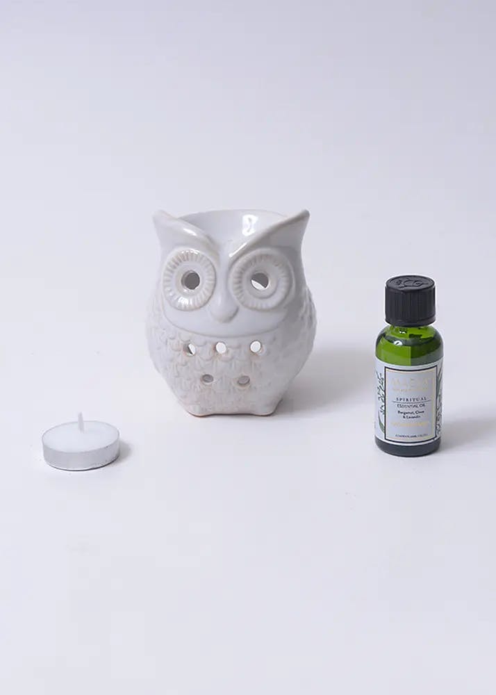 Owl Aromatherapy Set - Relax (Burner, Essential Oil & Tealight)