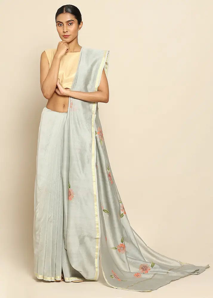 Women Delicate Scattered Floral Hand Painted Grey Saree