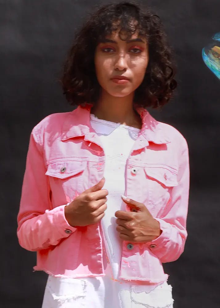 Women Fringed Hem Detail Solid Neon Denim Jacket