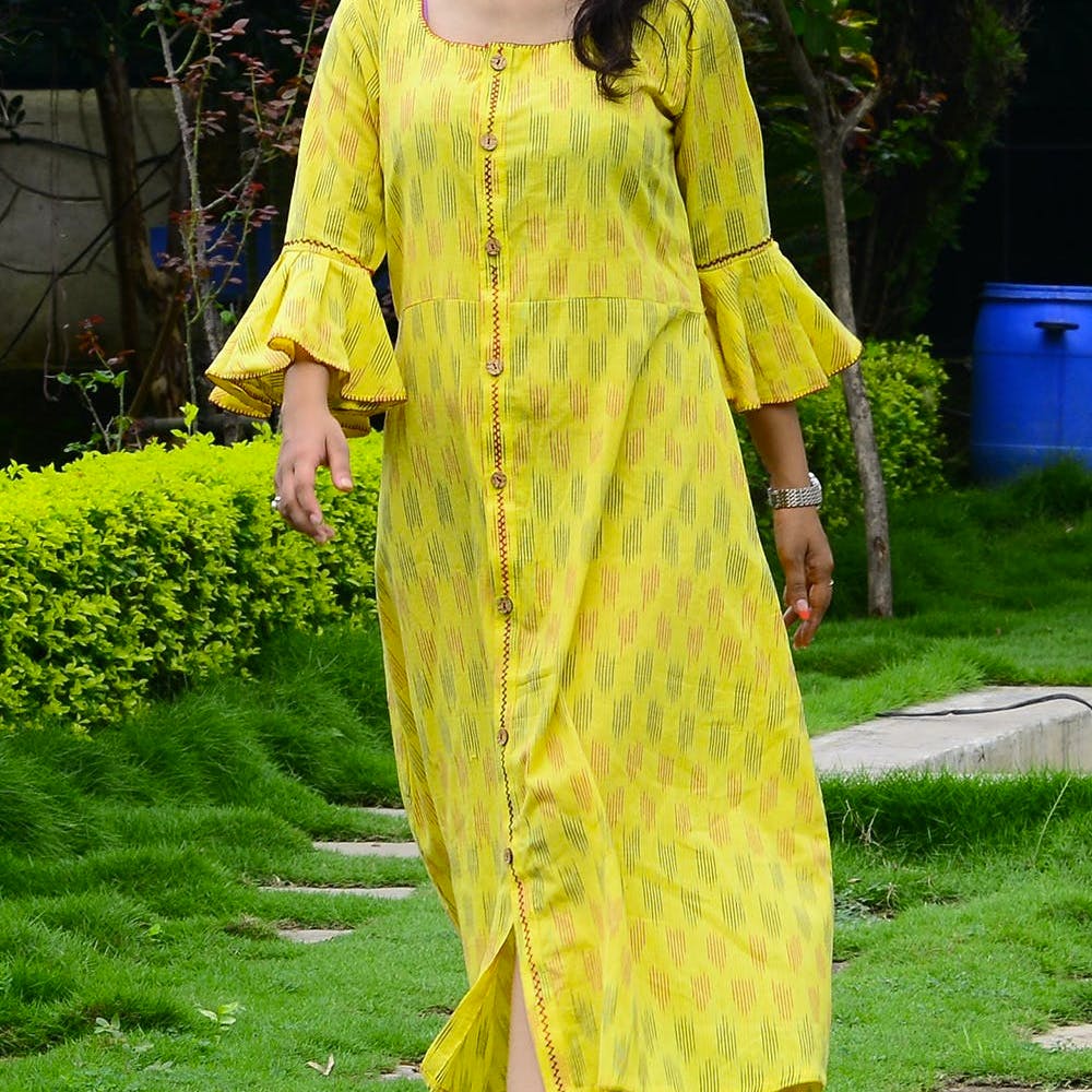 Women Bell Sleeves Detail Yellow Ikat Maxi Dress