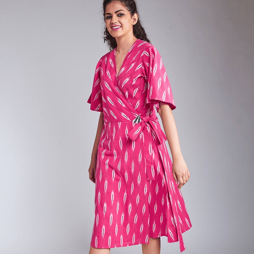 Women Solid Handloom Ikat Wrap Dress