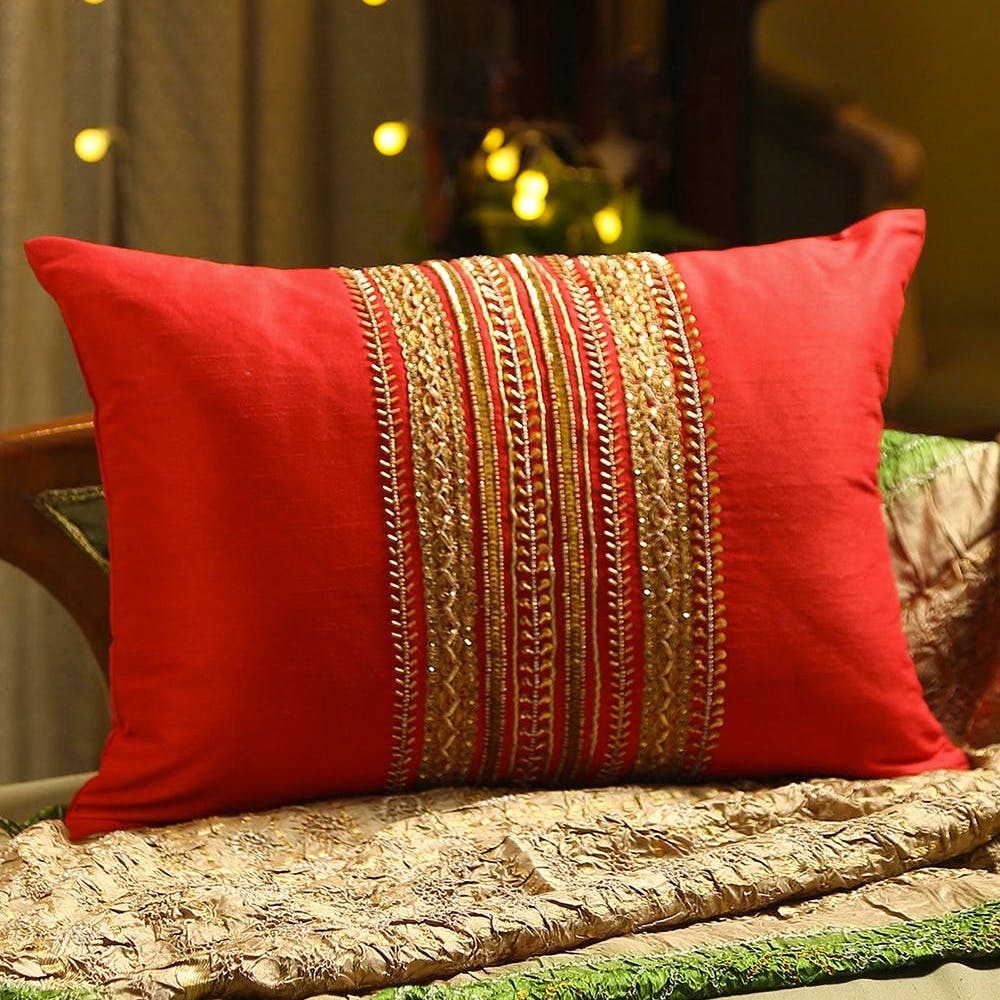 Center Panel Embellished Red Cushion Cover