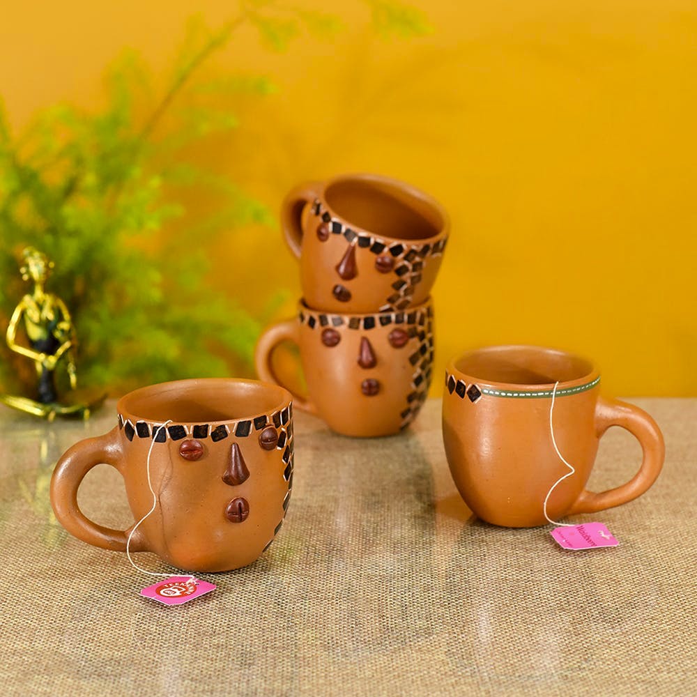 Terracotta Earthen Cups with Tribal Motifs - Set of 4